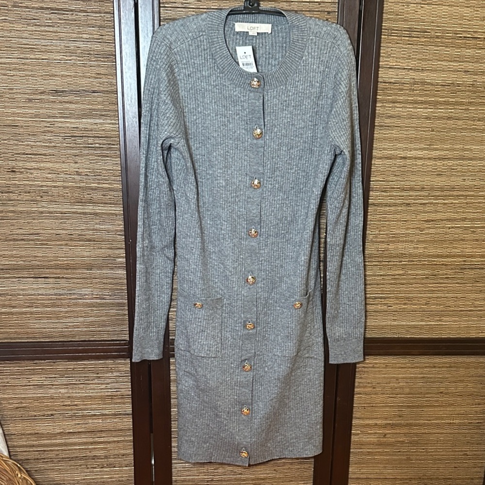 NWT LOFT Petite Ribbed Button Pocket Mini Sweater Dress